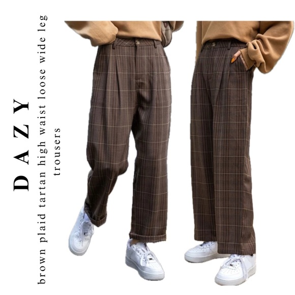 dazy β’ high waist brown plaid tartan loose wide leg pant trousers - Picture 1 of 16